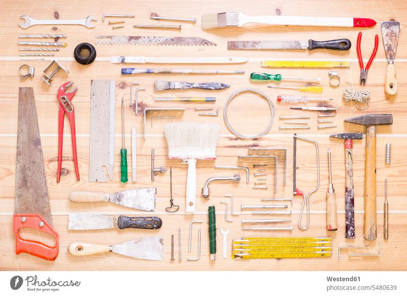 Verschiedene Werkzeuge auf Holz Sammlung Kollektion Säge Saegen Sägen gebraucht verbraucht benützt benutzt Dinge die zusammenpassen Nagel Eisennägel Drahtstift