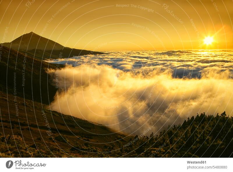 Spanien, Teneriffa, Sonnenuntergang im Teide-Nationalpark romantischer Himmel Natur Berg Berge Sonnenuntergänge El Teide Gegenlicht Gegenlichtaufnahme