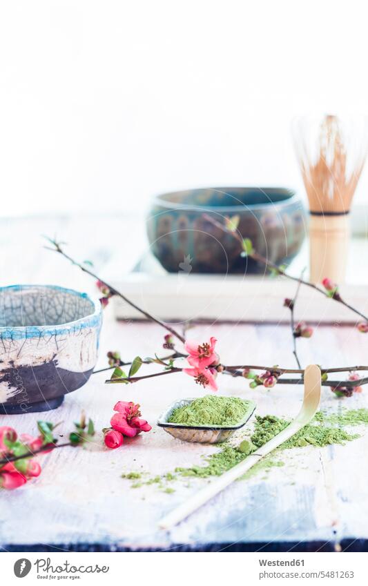 Matcha-Tee in Schale, mit Streichholzpulver, Löffel und Chasen und rosa Blüten Niemand Bluete Blueten Blütenkopf blühen Latte grün Zutaten Textfreiraum