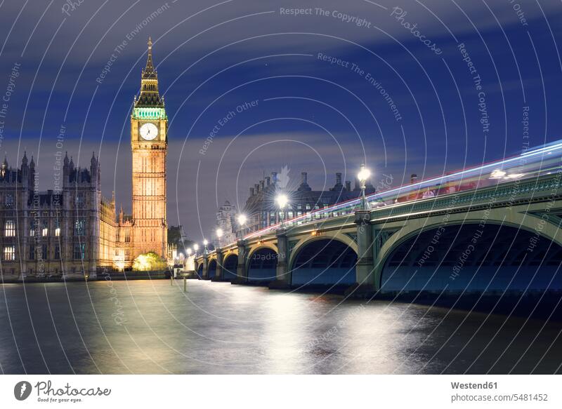 Großbritannien, London, Themse, Big Ben, Houses of Parliament und Westminster Bridge bei Nacht Abend abends Brücke Bruecken Brücken Städtisches Motiv staedtisch