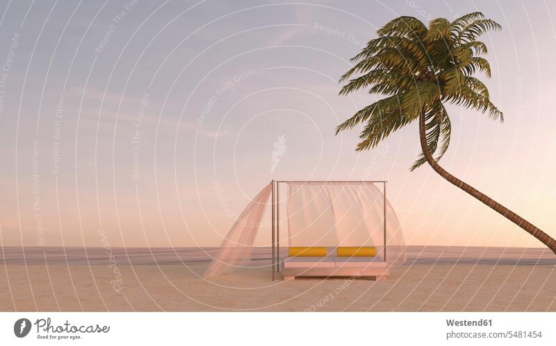 Palme und Baldachinbett am Strand in der Dämmerung, 3D-Rendering Traumurlaub Entspannung entspannt Entspannen relaxen entspannen Stimmungsvoller Himmel