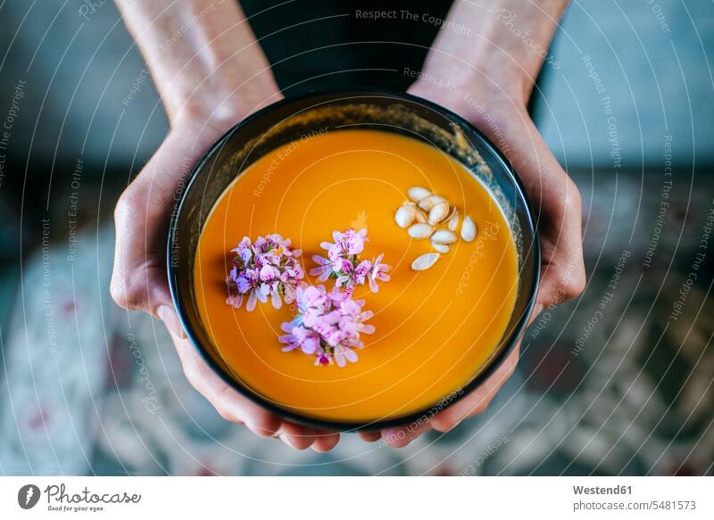Männerhände halten Kürbiscremesuppe mit essbaren Blüten garniert, Nahaufnahme Hand Hände Suppe Suppen Mensch Menschen Leute People Personen Essen Food