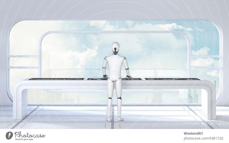 Roboter arbeitet in futuristischem Raum, 3D-Rendering modern Zukunft Future Visionär Industrieroboter Wolke Wolken arbeiten Arbeit Business Geschäftsleben