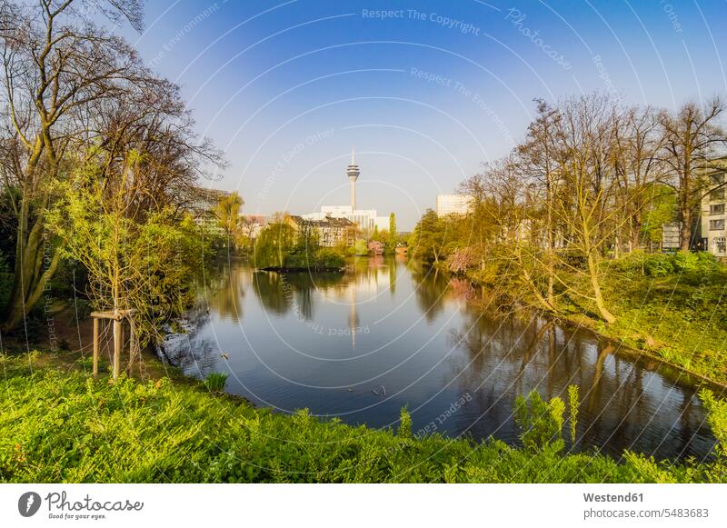 Deutschland, Düsseldorf, Schwanenspiegel, Stadtbild mit Rheinturm Aussicht Ausblick Ansicht Überblick Duesseldorf Blauer Himmel Reise Travel Baum Bäume Baeume