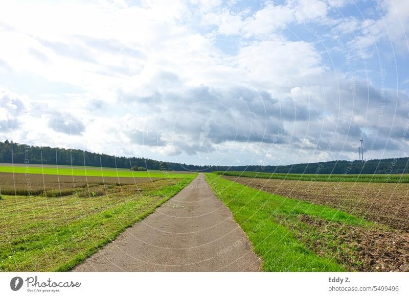 Wolken über Felder und Äcker für die Landwirtschaft. Eine Straße führt zu den landwirtschaftlichen Flächen. Wege & Pfade Licht Verkehrswege Menschenleer Tag