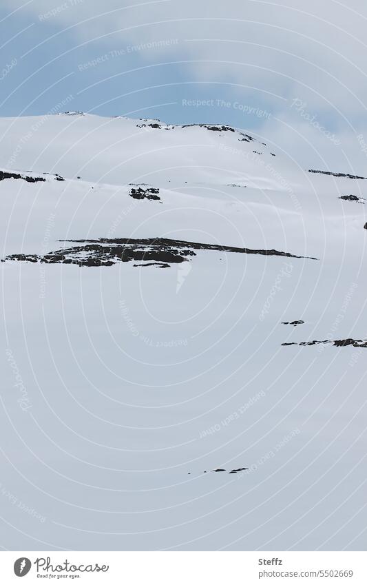 Schneelandschaft bei blauem Himmel auf Island Ostisland Schneedecke Islandbild Ruhe Stille Schneehügel Islandwetter verschneit schneebedeckt Himmelblau