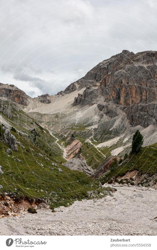 Bergpanorama, trockenes Bachbett, Gipfel, Sattel und Geröllfeld, Himmel mit Wolken Alpen Panorama grün Landschaft Südtirol wandern wanderlust Wandertag Aussicht