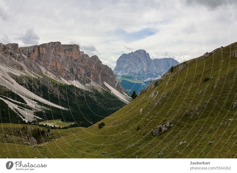 Bergpanorama, grüne Wiese mit Wanderweg, Himmel mit Wolken Alpen Panorama Gipfel Landschaft Südtirol wandern wanderlust Wandertag Aussicht Berge u. Gebirge