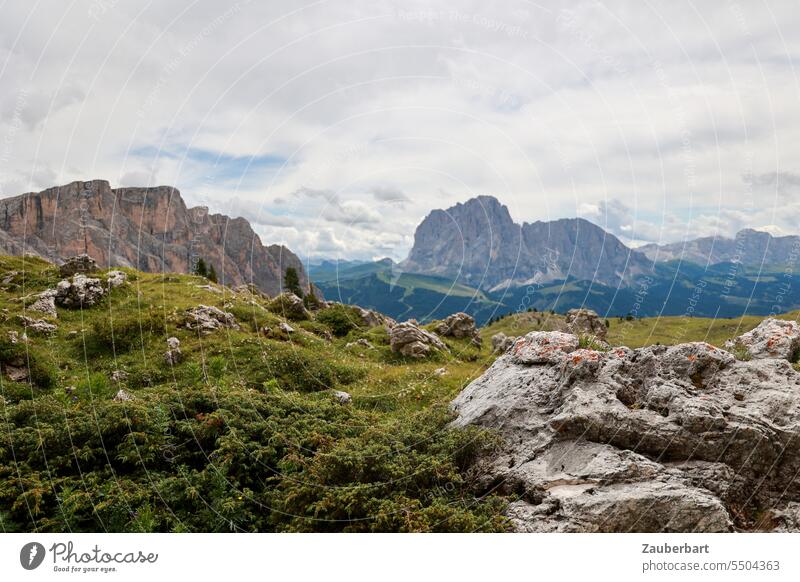 Bergpanorama, grüne Wiese mit Felsen, Himmel mit Wolken Alpen Panorama Gipfel Landschaft Südtirol wandern wanderlust Wandertag Aussicht Berge u. Gebirge Natur