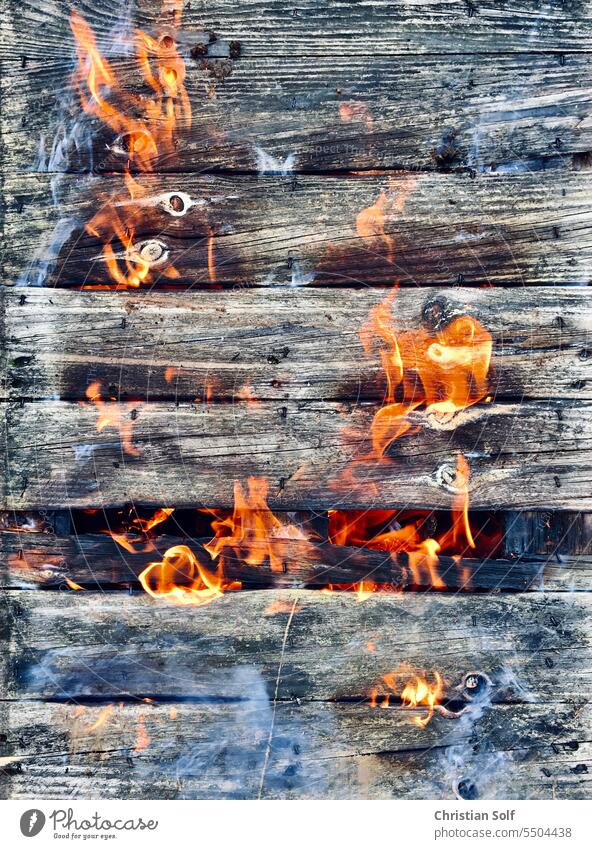 Feuer Flammen Brennende Holz-Palette brennen Brand heiß Holzbretter Rauch Hitze gefährlich Feuerstelle brennend Brandschutz Brandgefahr orange blau Kontrast