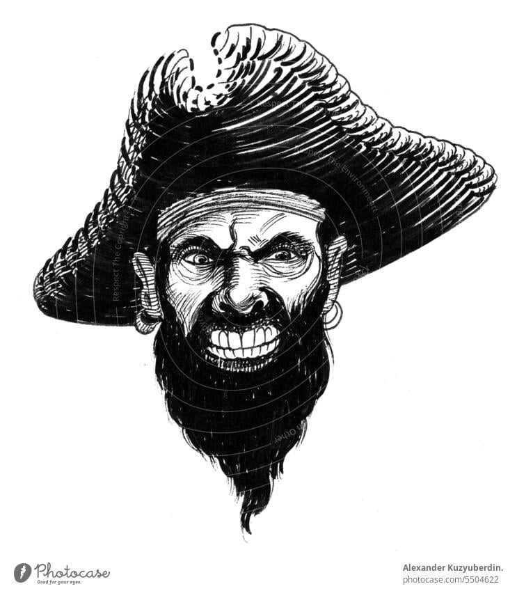 Piratenkopf, Tusche-Schwarz-Weiß-Zeichnung Kunst Hintergrund Vollbart schwarz Kapitän Karibik Karikatur Charakter Gefahr Design Gesicht Hut Kopf menschlich
