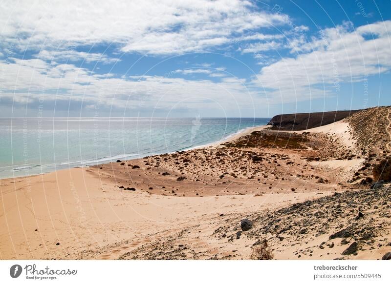 perfekter Strand an der Ostküste Fuerteventuras Insel Kanarienvogel Wasser Sand risco paso Meer MEER reisen Spanien blau vulkanisch weiß Inseln Sommer Natur