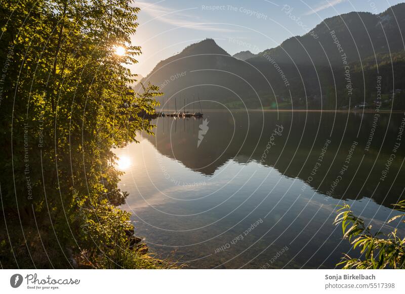 Sommer am See Grundsee Boote Sonnenaufgang Spiegelung Österreich Wasser Reflexion & Spiegelung Natur Landschaft Außenaufnahme Himmel ruhig Seeufer Menschenleer