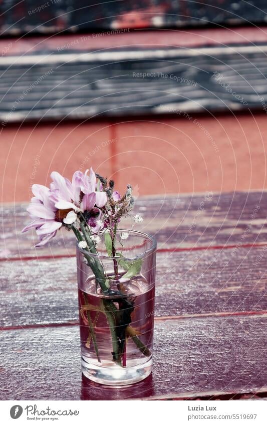 Blümchen in der Vase auf dem Tisch eines Straßencafés rosa Blüte Blume Dahlien Farbphoto Holz Flora Pflanze zerbrechlich Zerbrechlichkeit schön