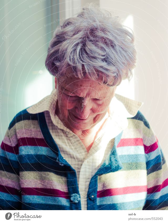 Sonnenlicht Seniorenpflege Wohlgefühl Zufriedenheit Erholung Häusliches Leben feminin Weiblicher Senior Frau Großmutter 1 Mensch 60 und älter Streifenpullover