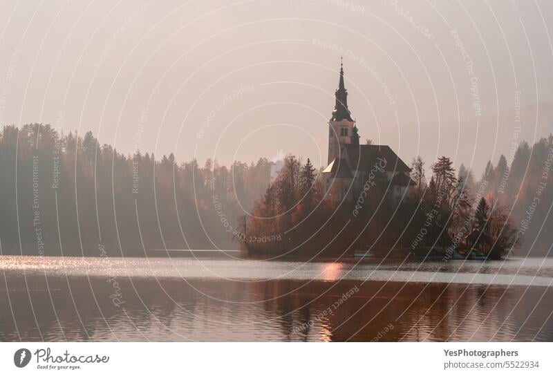 Kirchenlandschaft am Bleder See an einem nebligen Morgen im Winter alpin Alpen Herbst schön geblutet hell Gebäude Burg oder Schloss Farbe Dezember Ausflugsziel
