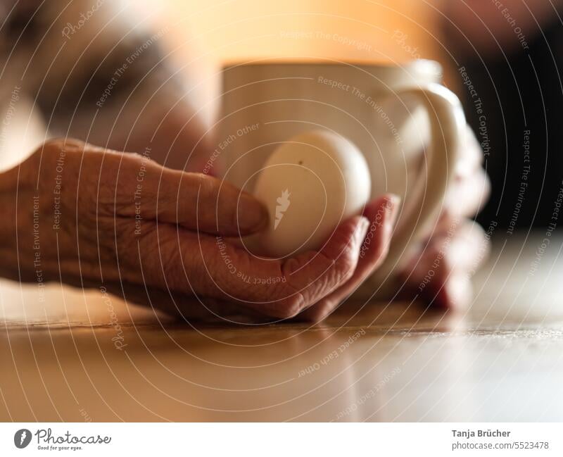 Alte Frauenhand mit Ei und Kaffeetasse alte Hände faltige Hand faltige Haut im Alter betagt alte Frau alte Hand Ei halten Falten Seniorin Frühstück vorsichtig