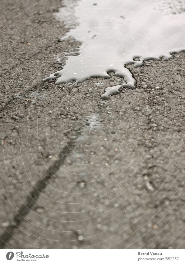 ~72 kg/s² Wasser Regen Parkplatz braun grau weiß Spuren Fahrrad Reifenspuren Oberflächenspannung Asphalt Kontrast Strukturen & Formen Flüssigkeit nass