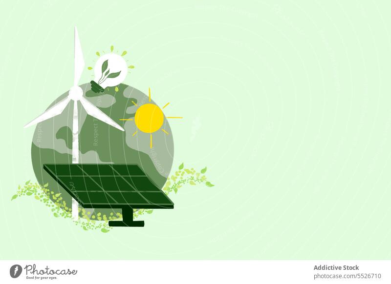 Erde mit Symbolen für alternative Energien auf grünem Hintergrund nachhaltig keine Verschwendung Sonnenkollektor Windmühle Glühbirne Fotovoltaikzelle Erneuerung