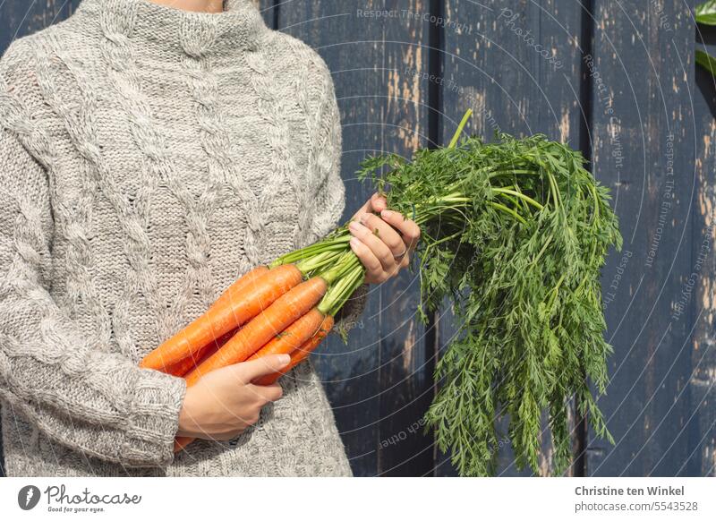 eine junge Frau mit einem Bund Karotten Möhren Bioprodukte Vegetarische Ernährung Veganuary vegetarisch Vegane Ernährung vegan gelbe Rüben Gesunde Ernährung