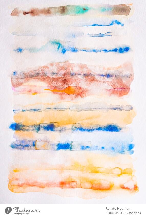 Buntes Aquarell Bild auf weißen Blatt Wasserfarbe Kreativität Kunst malen mehrfarbig Gemälde Freizeit Hobby Innenaufnahme Kunstwerk zeichnen Farbe Fröhlichkeit