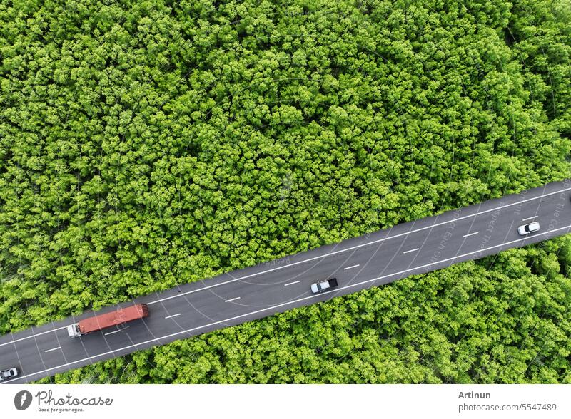 Luftaufnahme eines Autos und eines Lastwagens, die auf einer Autobahn in einem grünen Wald fahren. Nachhaltiger Transport. Drone Ansicht von Wasserstoff-Energie-LKW und Elektrofahrzeug fahren auf Asphalt Straße durch grünen Wald.