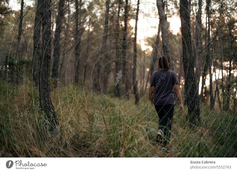 Frau geht im Wald spazieren. laufen Natur Lifestyle im Freien genießen Aktivität sich[Akk] entspannen Freiheit Park Landschaft Bäume