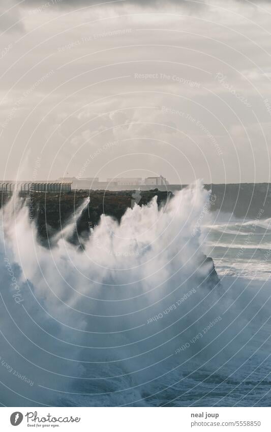 Wellen explodieren an der Steilküste an der Algarve Natur Meer Herbst Sturm Küste Wind Wasser Felsen Außenaufnahme Landschaft Klippe Ferne Menschenleer