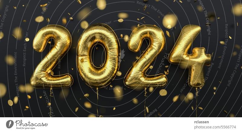 Frohes neues Jahr 2024. 2024 goldene Folienballons und fallende Konfetti auf schwarzem Hintergrund. Gold Helium Ballon Zahlen. Festliche Poster oder Banner Konzeptbild