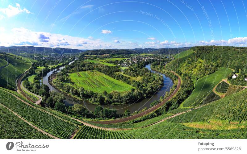 Wiltinger Saarbogen. Der Fluss windet sich durch das Tal und ist von Weinbergen und grünen Wäldern umgeben. Kanzem, Rheinland-Pfalz, Deutschland. Ausflug