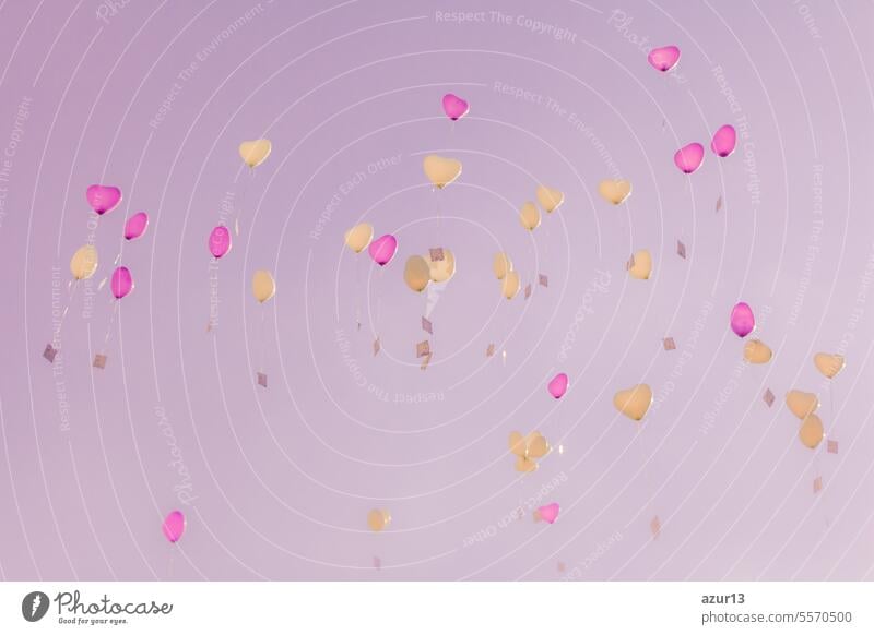 Herz-Liebesballons fliegen in den rosa Himmel mit Zeremonie-Wünschen. Romantisches Symbol der zukünftigen Partnerschaft. Gruppe von schönen Herz Ballons mit Glückwunschkarten auf Hochzeitsfeier oder Valentinstag
