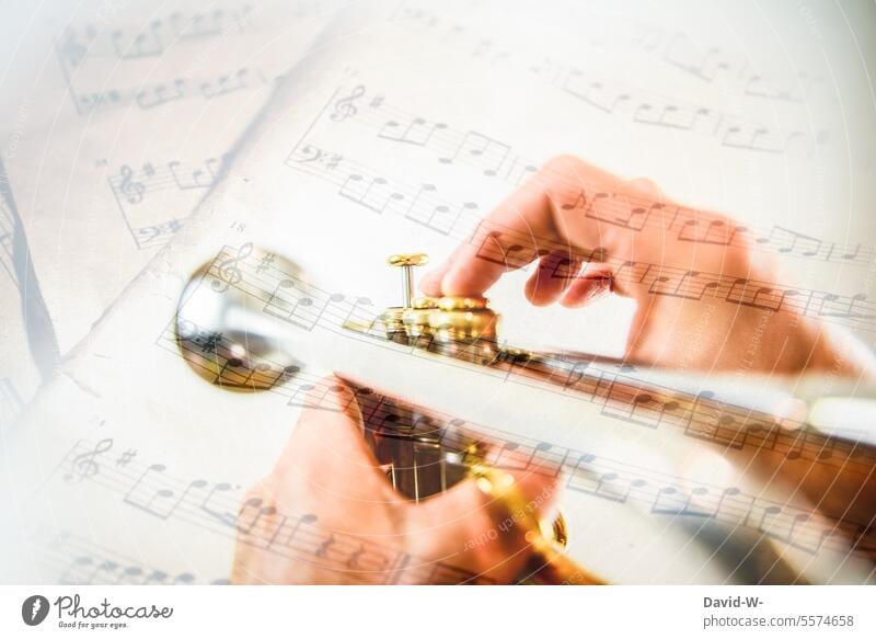 musizieren - Musiker mit Musikinstrument und Noten Trompete Klang Melodie Kunst Kultur Kreativität Künstlerisch Konzert Klassik klassisch Geschick Talent