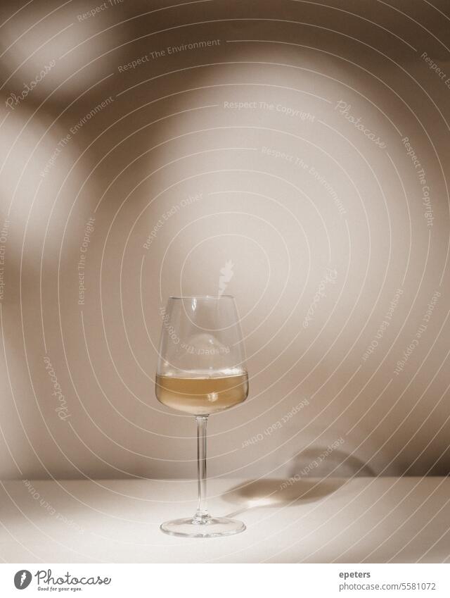 Glas Weißwein auf einem beigen Hintergrund mit Lichtflecken feines Essen Reichtum kulinarisch trinken alkoholisches Getränk Glaswaren Ästhetik Kühle Eleganz