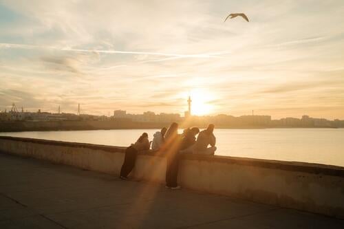 Gruppe von jungen Menschen auf Kaimauer vor Stadtpanorama im Sonnenaufgang morgens früh urban junge Menschen Sonnenlicht strahlen warm Morgendämmerung Meer