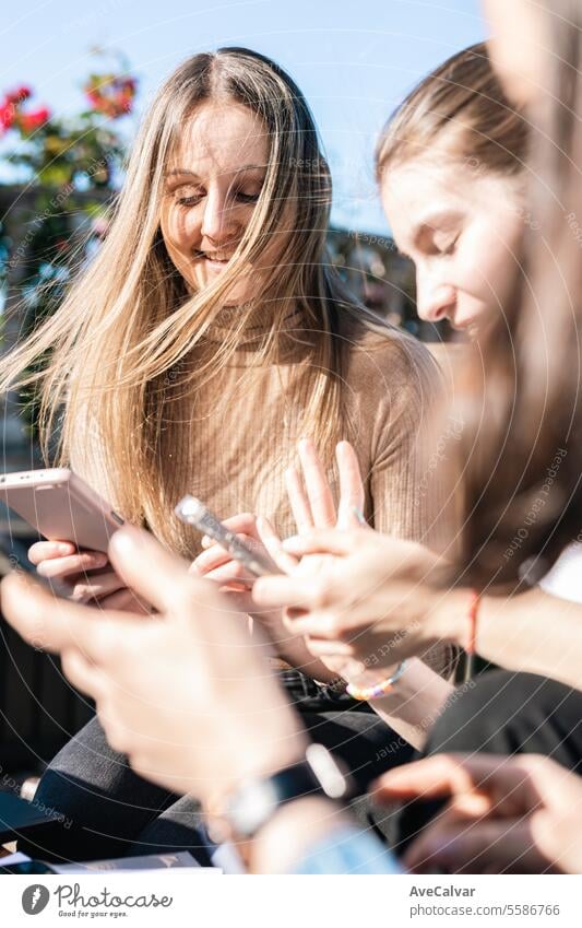 College-Mädchen, die eine Pause vom Lernen machen und Nachrichten auf ihren Handys zeigen, während sie sich unterhalten und lachen. Menschengruppe Schüler
