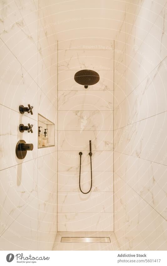 Duschkabine mit Marmorwänden und Duschkopf Dusche Kabine Murmel Wand Innenbereich Appartement weiß Wasserhahn Licht Bad Hygiene Design modern Sauberkeit