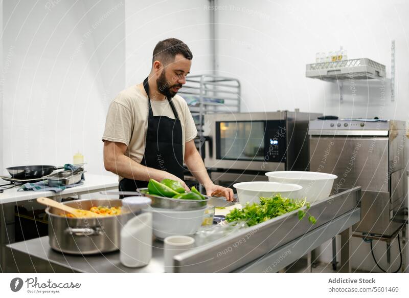 Junger Koch schneidet Paprika Küchenchef Essen zubereiten Lebensmittel professionell Restaurant Paprikaschoten Gemüse Messer Schneiden Mann jung Arbeit männlich
