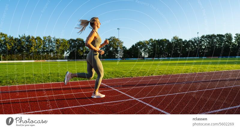 Weibliche Athletin läuft auf einem sonnigen Sportplatz Sommer Stadion Rasenfläche Bewegung Läuferin Leichtathletik Joggen Fitness Sportbekleidung