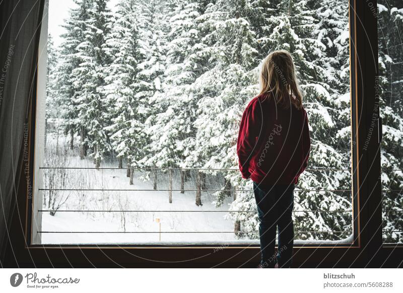 Ein Mädchen am Fenster beobachtet den Schneefall Winter kalt weiß Natur Winterstimmung Wintertag Schneelandschaft Jahreszeiten Kälte Wald Winterwald freude
