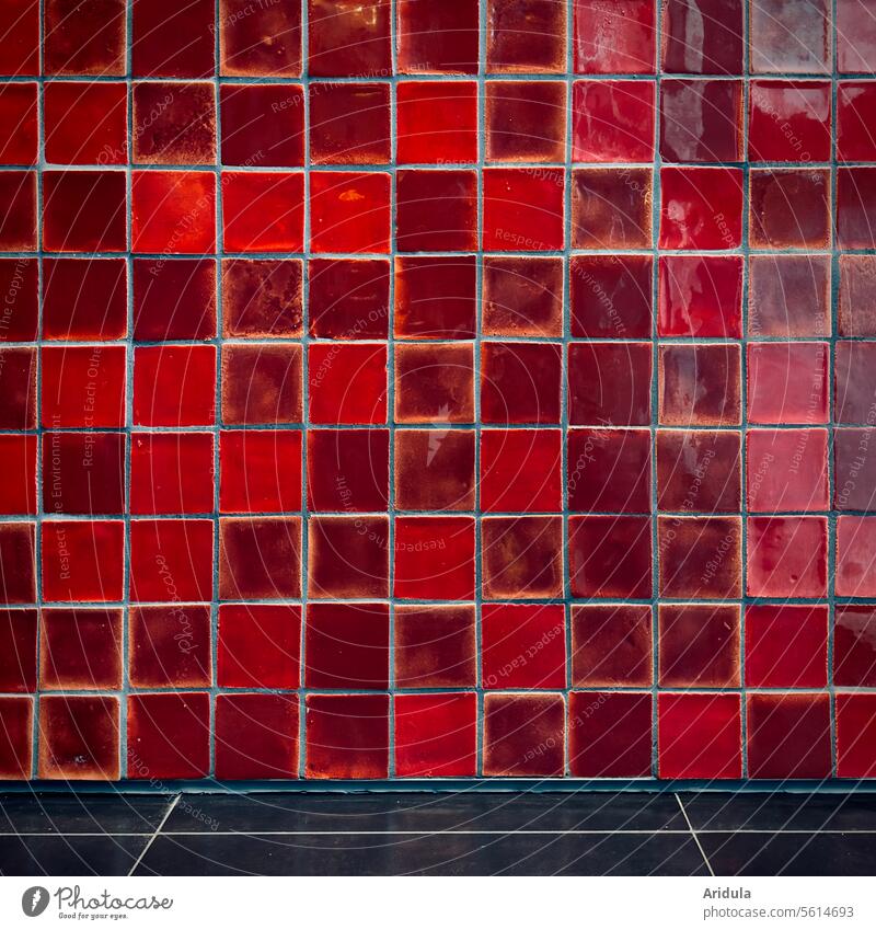 Rote glänzende Fliesenwand mit schwarzem Boden Fliesen u. Kacheln Wand rot Glanz Muster Strukturen & Formen Mosaik Architektur eckig abstrakt Detailaufnahme