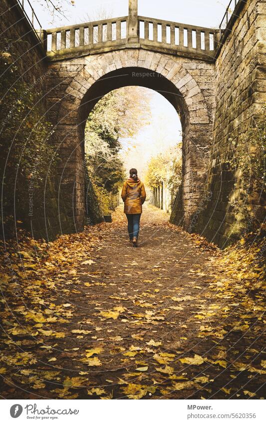frau geht ihren weg Rundbogen Herbst herbstlich Natur Außenaufnahme Junge Frau Herbstlaub Spaziergang Herbstwetter draußen Herbstfärbung alte mauer Brücke