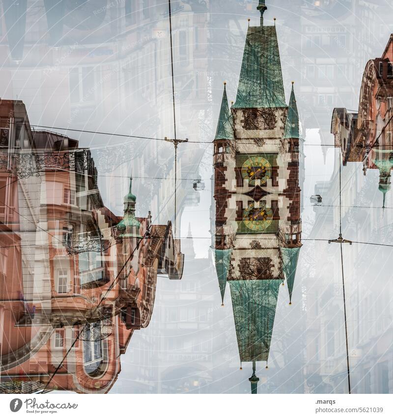 Freiburg abstrakt Doppelbelichtung Altbau Irritation Perspektive Stimmung verrückt einzigartig außergewöhnlich Sehenswürdigkeit Architektur Gebäude Bauwerk Turm