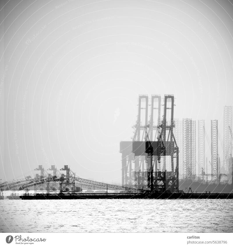 Hafeneinfahrt Manama/Bahrain | Zitterversion III Galerie MOMA Muster Kunst Cover Buchcover Hintergrundbild Kran Anlegestelle Container Containerverladung