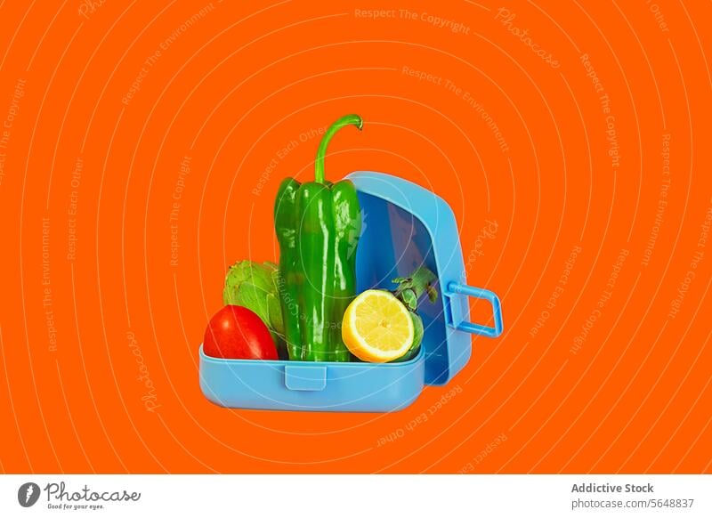 Bunte Lunchbox mit frischem Gemüse auf orangem Hintergrund grün Paprika Salat Tomate Zitrone Scheibe pulsierend Farbe Kontrast Gesundheit Lebensmittel Container