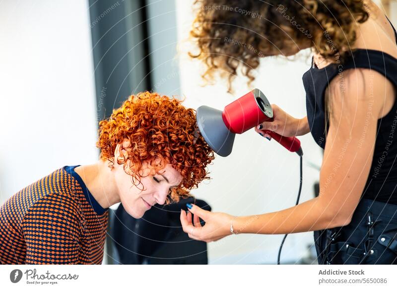 Hairstylist föhnt lockiges rotes Haar im Salon Friseursalon Haare schneiden krause Haare rote Haare Föhn Schönheit Klient Frau Frisur Haarpflege Pflege stylen