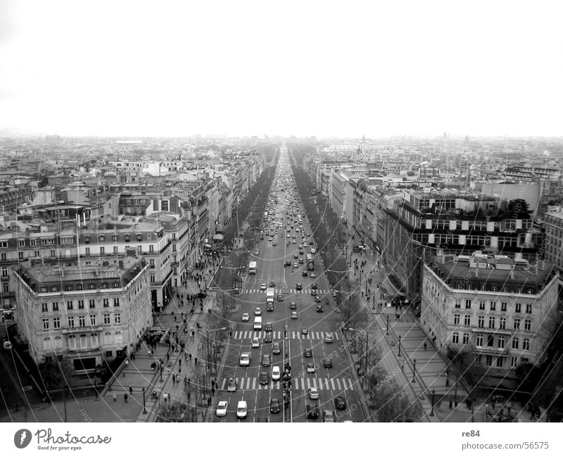Die Welt steht still - Paris ohne Kurven Hauptstraße Frankreich Verkehrsstau chaotisch Stadt Boutique Reichtum Floh schwarz weiß grau Horizont horizontal