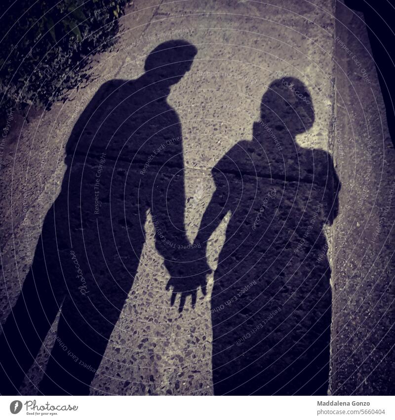 Selfie-Schatten eines Mannes und einer Frau, die sich an den Händen halten Straßenbelag Junge Mädchen Paar Freunde Menschen Liebe Zusammensein Freundin