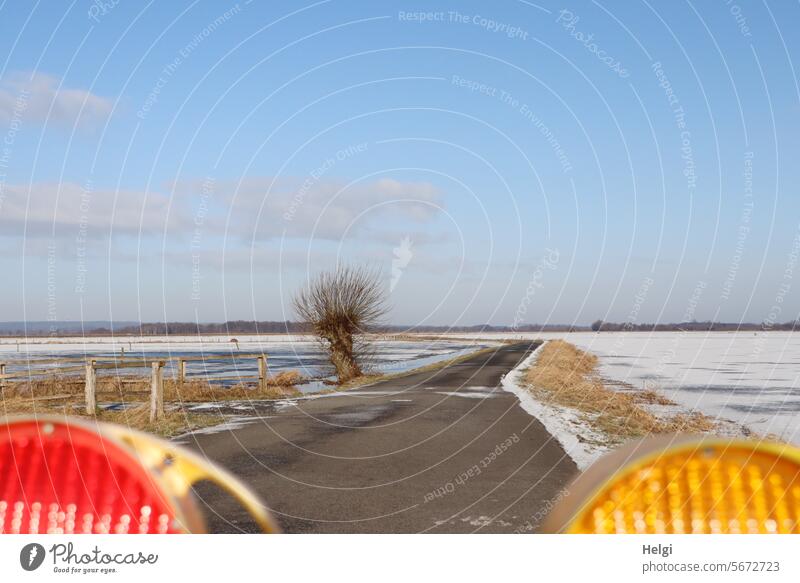 Straßensperrung Sperrung Verbot Hochwasser Eis Frost Kälte Winter Überschwemmung Ochsenmoor Gefahr Wiese Baum Weide Kopfweide Himmel Wolken Sonnenlicht