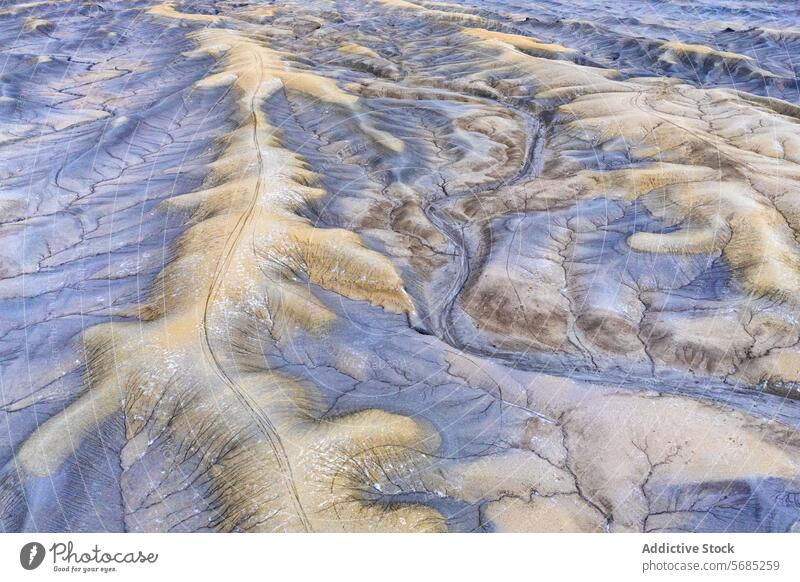 Luftaufnahme von komplizierten Mustern, die durch natürliche Erosion in der Wüstenlandschaft von Utah entstanden sind und ein Netz von Erhebungen und Rillen mit unterschiedlichen Braun- und Grautönen zeigen