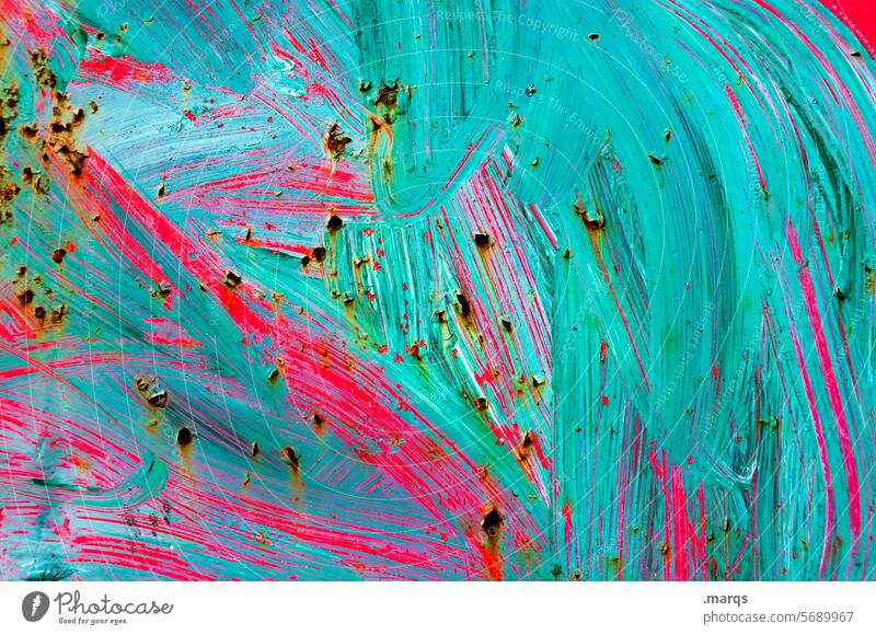 Wischiwaschi Nahaufnahme Schmiererei Wand abstrakt gemalt Farben und Lacke pink türkis Farbstoff Hintergrundbild Rost verwittert Strukturen & Formen Flüssigkeit